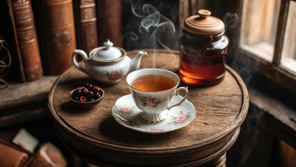 Fototapeta premium Tea and sweetness - sugar cones, teapot, and antique books resting on a wooden background, notion of a snug teatime, leisure reading