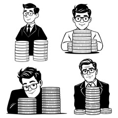 Businessman with a stack of coins, vector illustration set