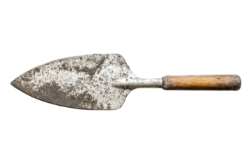 A well worn garden trowel a testament to years of nurturing rests against a pristine white backdrop