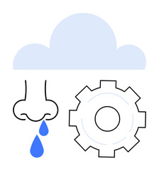 Cloud placed above nose with blue tears alongside gear mechanism, symbolizing weather, allergy, emotions, and technology. Ideal for healthcare, automation, technology, emotions innovation