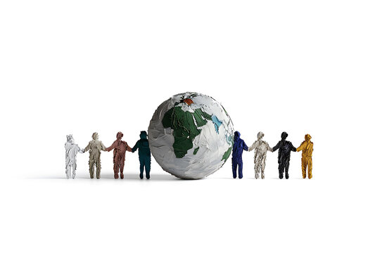 global unity art, colorful illustration of people from different backgrounds holding hands around the world, conveying unity and solidarity for refugees