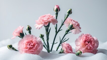 Pink carnation blossoms and buds on a plain white background with room for text