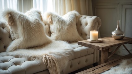 Details of a still life in the living room. Rustic bench topped with a sheep skin rug adjacent to a sofa with fur cushions. Inviting winter setting inside.