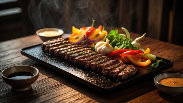 Grilled beef prepared teppanyaki style on a pan