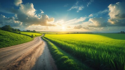 Scenic country lane and green fields landscape