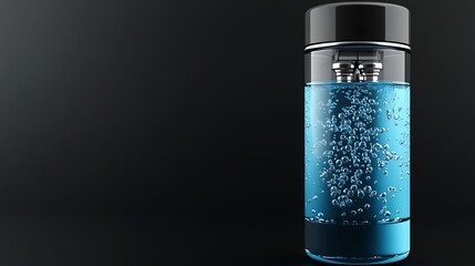 Cylindrical bottle with blue liquid and bubbles