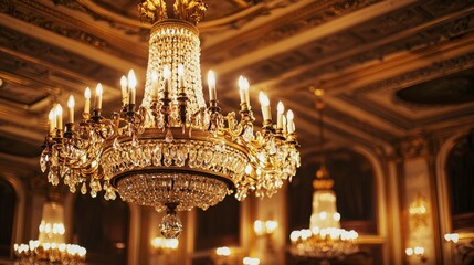 Obraz premium Elegant Crystal Chandelier with Golden Fixtures in Luxurious Room
