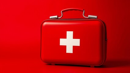 Fototapeta premium (НескольA red first aid kit with a white cross stands out against a background of the same color. The image symbolizes readiness for emergency situations.ко значений)
