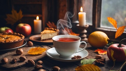 Cozy still life featuring warm tea in a stylish cup on rustic wood, accompanied by baked apple pie with cinnamon, candle, autumn leaves, pumpkins, and nuts