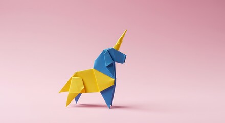 Origami Unicorn Standing on Pink Background Creative Craft