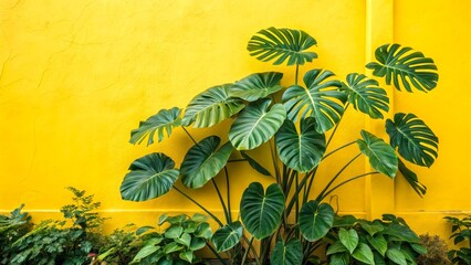 Green tropical leaves are arranged vertically against a bright yellow wall. The contrast emphasizes the freshness and liveliness of natural forms. The image conveys eco-style and solar energy.