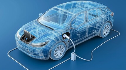 Wireframe of futuristic car concept with blue background. Futuristic digital wireframe of car concept with blue background. Electric EV car charging at charging station
