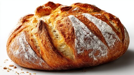 a fresh loaf of bread on a white isolated background, golden and rustic look