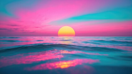 Fluorescent color arrangement reminiscent of a sunset on the water. Nature idea. Space for text.
