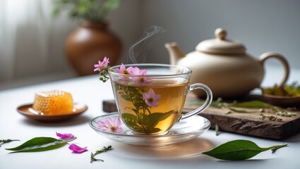 Fototapeta premium White background featuring a floral herbal tea in a cup