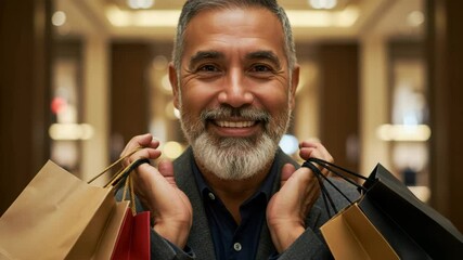 Smiling senior man revels in shopping, displaying bags from high-end stores in luxurious setting