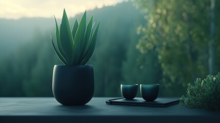 A serene morning scene with a potted plant, two cups, and a tray on a table.