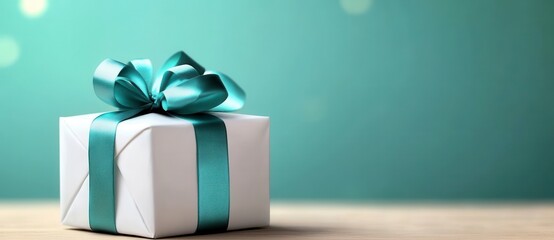 White Gift Box with Teal Ribbon on Wooden Surface