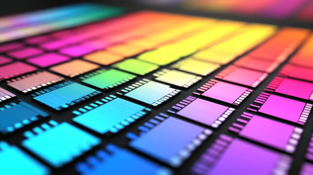 Chromatic Palette: A vibrant array of color swatches arranged in a neat, orderly fashion. The shades range across the color spectrum, from cool blues to fiery reds, with a sense of artistic design.