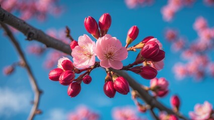 Close-up of Prairifire Crabapple flower buds with blue sky background, revealing pinkish-red buds opening into fragrant dark pink and red blossoms