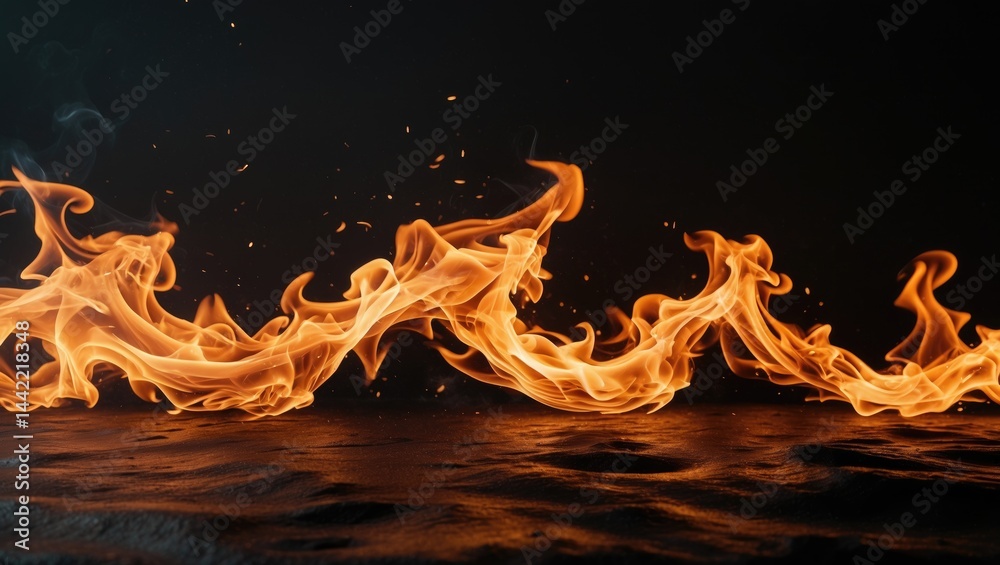 Poster flames and fire burn vividly against a black background, featuring an abstract art pattern and explo