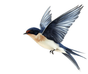 Vibrant barn swallow with distinct blue feathers spread, flying in air current, isolated avian wildlife image on a transparent background, PNG image, PNG file.