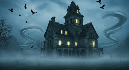 Fototapeta premium Haunted Mansion in Mist with Crows