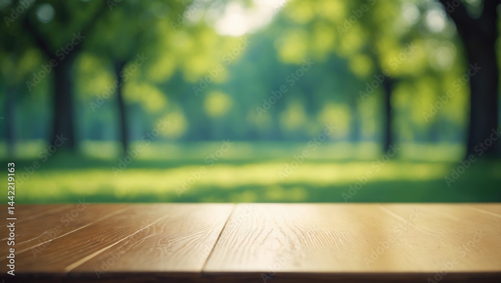 Aufkleber an empty wood table set against a defocused backdrop of sunlit garden trees for product presentation
