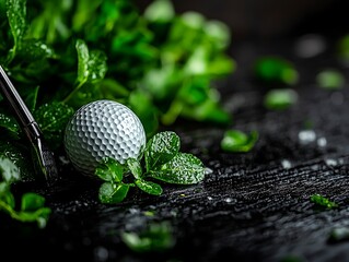 Golf ball surrounded by fresh mint leaves on dark surface