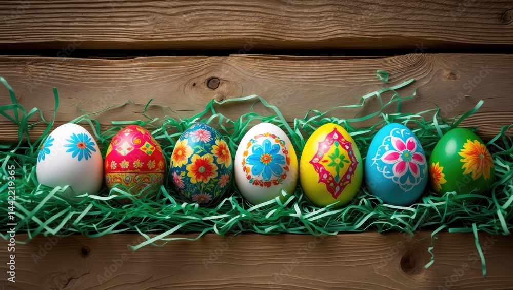 Poster vibrant eggs on a wooden surface providing space for text. easter eggs in a nest against a wood back