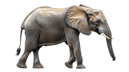 Obraz premium Majestic African elephant gracefully walking, displaying intricate skin texture and ivory tusks; side view, full body shot on a transparent background, PNG image, PNG file.