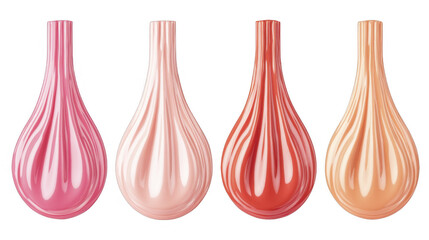 Collection of elegant tear drop shaped vases in varying pastel colors displayed in row, decorative pottery, shiny glaze, smooth texture on a transparent background, PNG image, PNG file.