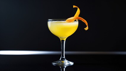 Refreshing Summer Cocktail Featuring Passion Fruit, Vodka, Liqueur, Vanilla Syrup, Champagne, and Lime Juice with Black Background