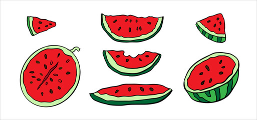 Watermelon halves, slices, pieces with seeds, Colorful hand drawn illustrations collection. Perfect for summer themes, food icons, recipes, prints or kids designs.