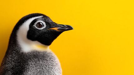 Naklejka premium Close-up of a penguin against a vibrant yellow background, highlighting its features and colors