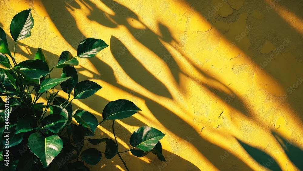 Poster concrete wall texture displaying shadows of leaves with irregularities and roughness. stylish nature