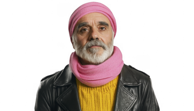 Portrait of older man, gray beard, pink turban and scarf, yellow sweater, leather jacket against dark background, serious look on a transparent background, PNG image, PNG file.