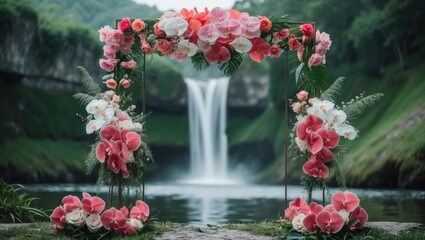 Wedding arch made of metal in a square shape, decorated with pink and coral anthurium, orchids, and roses. Stylish and unconventional outdoor wedding theme.