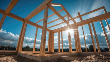 Framework of wood at a construction site under a broad cloudy sky with a radiant sun behind. Ready for wall and roof installation.