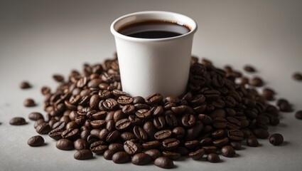 White paper cup placed on a bed of rich coffee beans, blending ease of use with enticing aroma, ideal for showcasing coffee culture and take-out options.