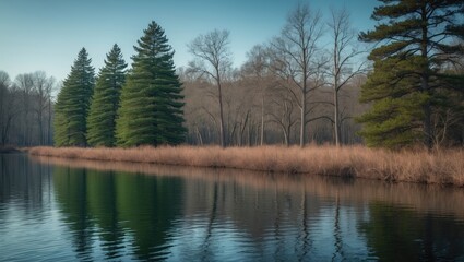 Obraz premium Pines in green height contrasted with oak trees