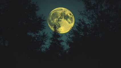 radiant yellow moon shining between the trees against the clear sky