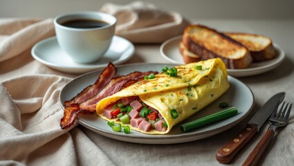 Breakfast delight: stuffed ham and green onion omelette accompanied by coffee and toasted bread