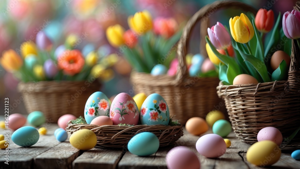 Poster easter eggs on a rustic wooden table with colorful bokeh, typographic and logo space