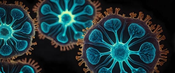 Microscopic fluorescent images revealing complex human cell structures glowing with intense detail