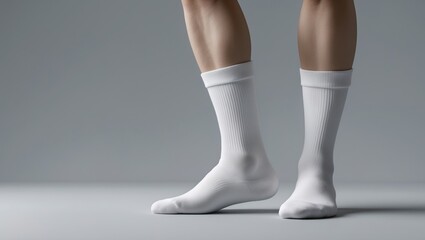 Stylish gaiters with elastic band on legs as a template, paired with a mockup of medium socks on stretched toes for branding and advertising, side view, isolated background.