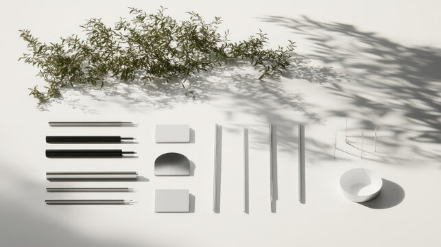 Geometric Forms with Greenery:  A collection of minimalist geometric shapes and a sprig of greenery arranged on a white background, casting delicate shadows.