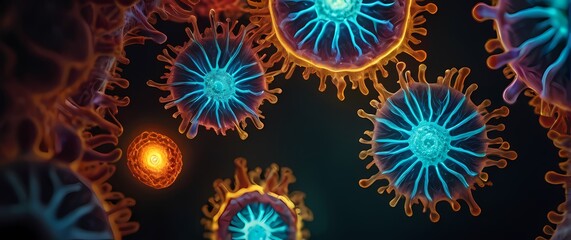 Microscopic fluorescent images capturing intricate human cell structures glowing in detailed multi colored light