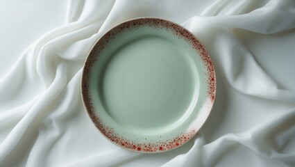 Top-down perspective of an empty blue dotted ceramic plate against a background.