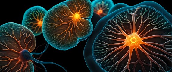 Microscopic artistic representations of living cells viewed through high resolution fluorescence